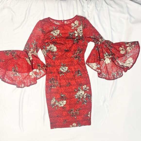 Vfshow Red Floral Lace Bodycon Dress Bell Sleeves Party Prom Dress Size Medium - Picture 9 of 15